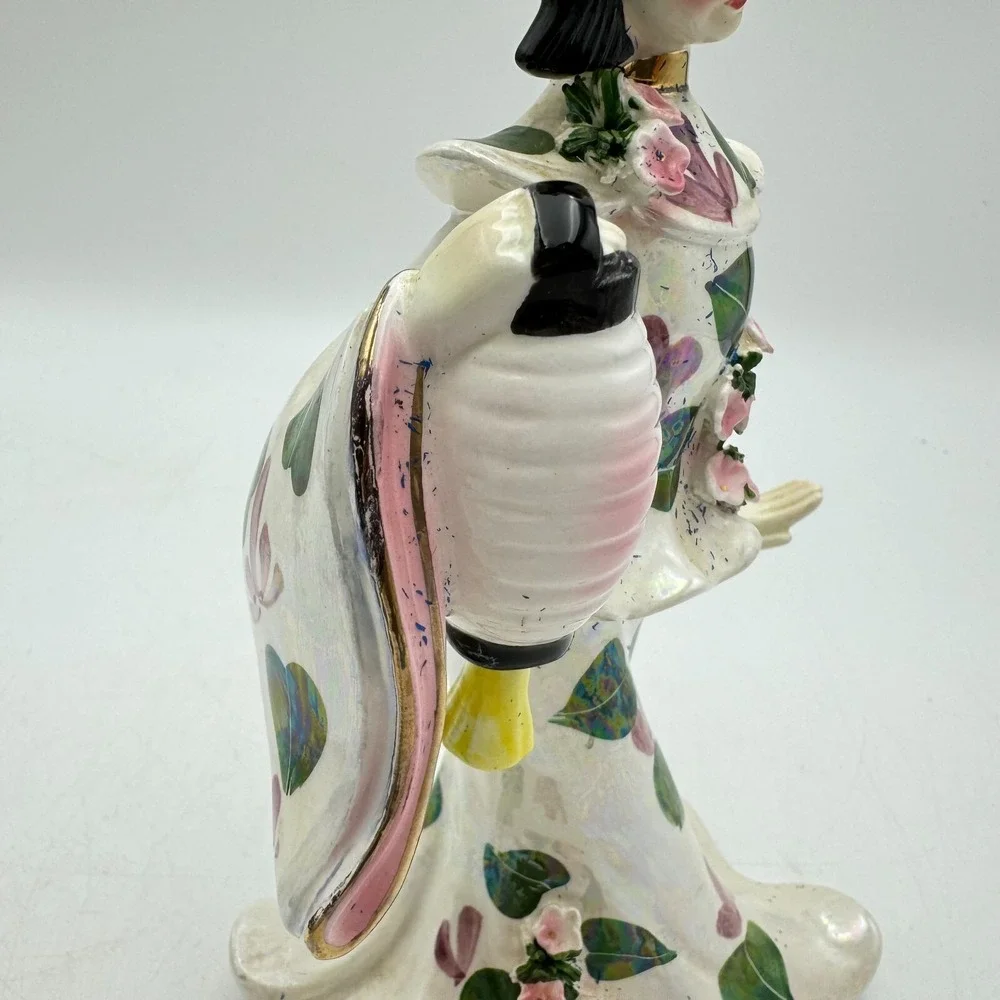 Vintage 1955 Signed Geo Z. Lefton Porcelain East Asian Dancer Lantern Pink Green